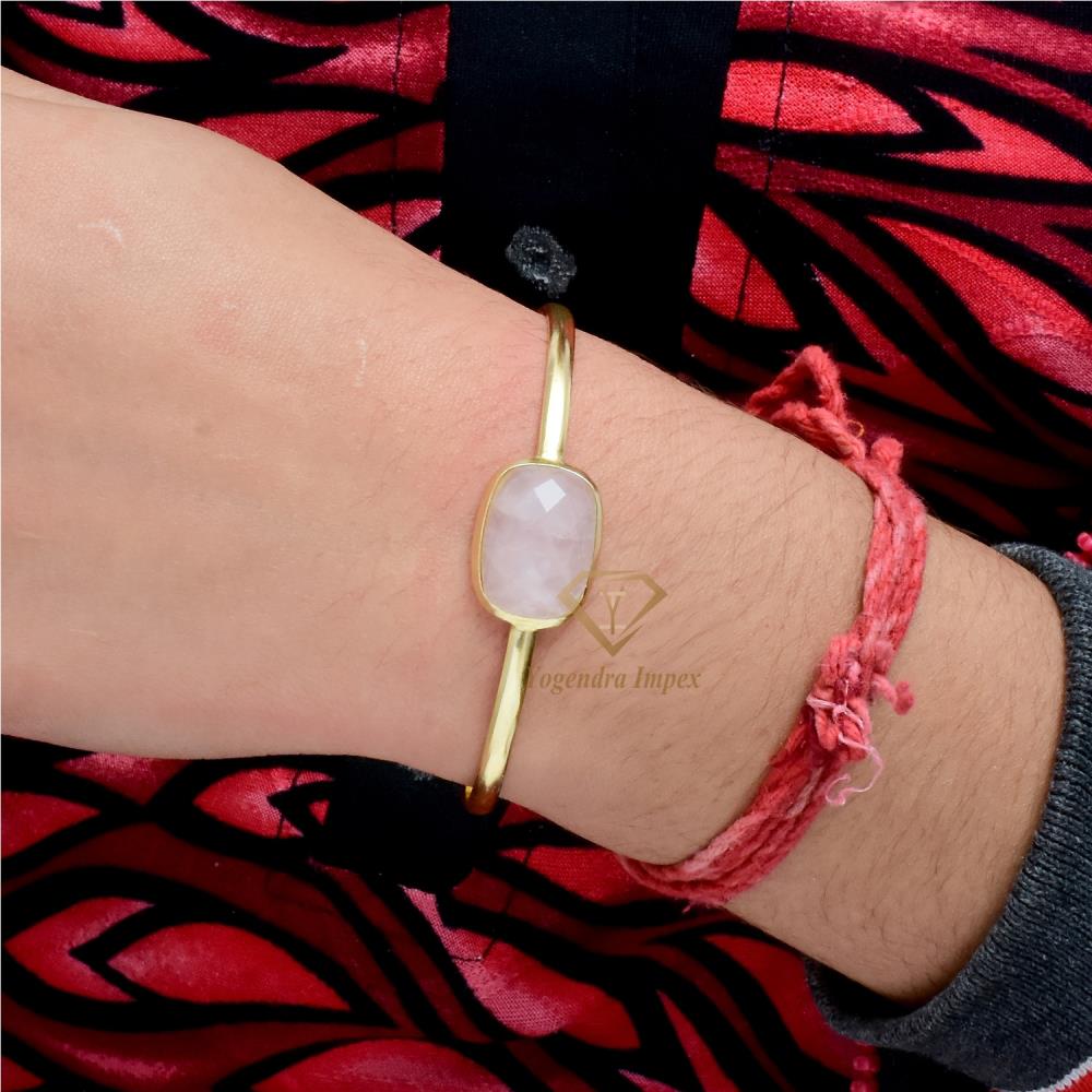 Handmade Natural Rose Quartz Gemstone 925 Sterling Silver Bracelet, 18k Gold Plated Engagement Bangle For Wholesale Suppliers