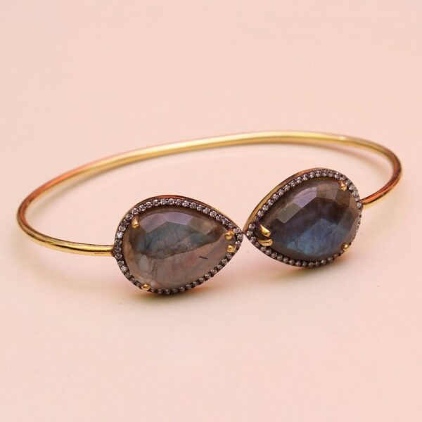 18k Gold Plated Natural Labradorite Gemstone 925 Sterling Silver Bangle Wholesale Prong Set Black Gemstone Bangle For Women