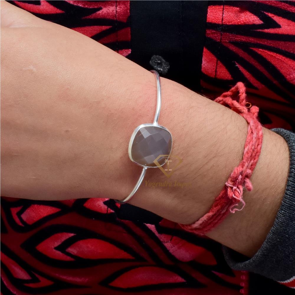 Natural Gray Moonstone Gemstone 925 Sterling Silver Bracelet Handmade Cuff Bangle Jewelry For Wholesale Suppliers