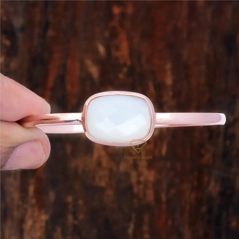 Natural White Moonstone Gemstone Bracelets 925 Sterling Silver, Rose Gold Plated Bangle For Wholesale Suppliers
