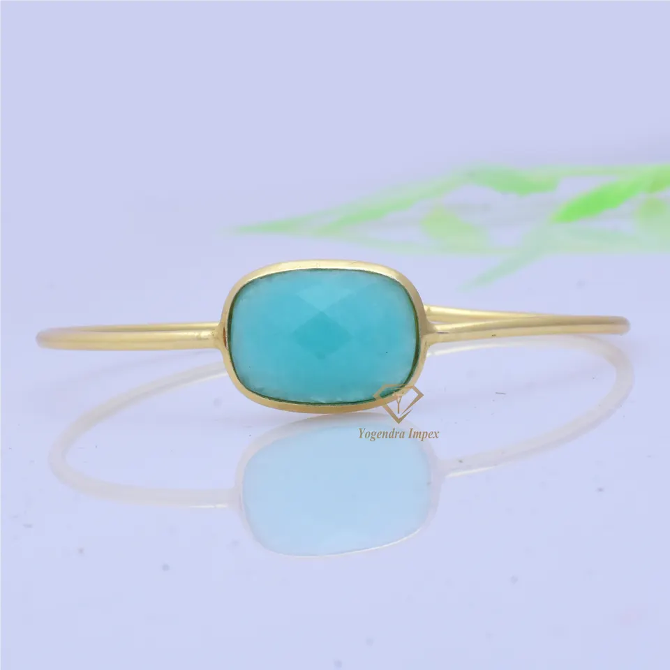 Natural Amazonite Gemstone 925 Sterling Silver Bracelets, 18k Gold Plated Blue Stone Bangle For Wholesale Suppliers