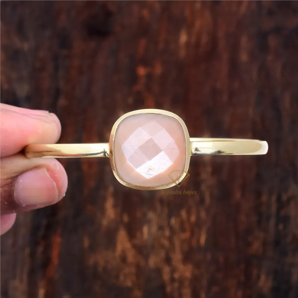 Natural Peach Moonstone Bangle 925 Sterling Silver, Pink Stone Bracelets Jewelry For Wholesale Suppliers