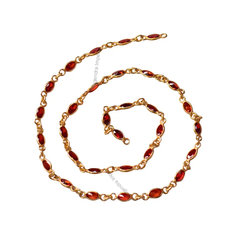 Natural Red Garnet 18k Gold Plated Over 925 Silver Bezel Connector Chain