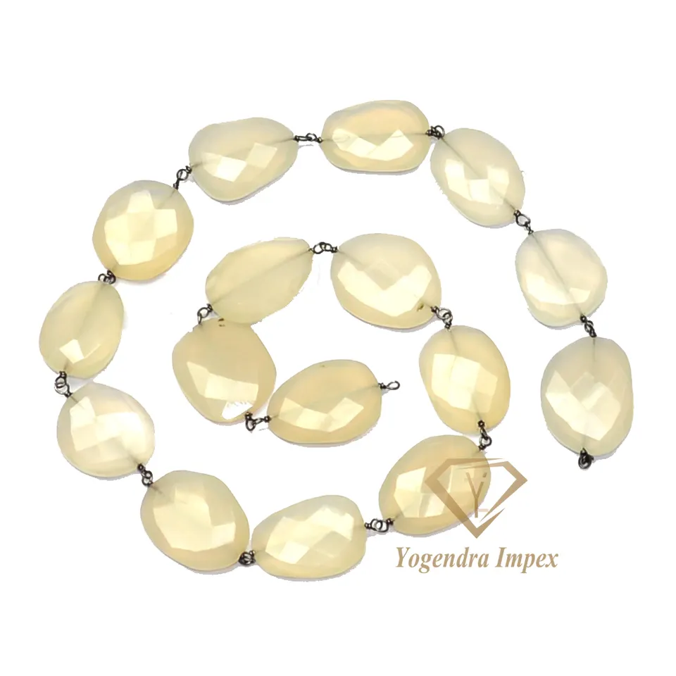 Natural White Chalcedony Gemstone Chain Irregular Shape, 925 Sterling Silver Wire Wrap Chain For Wholesale Suppliers