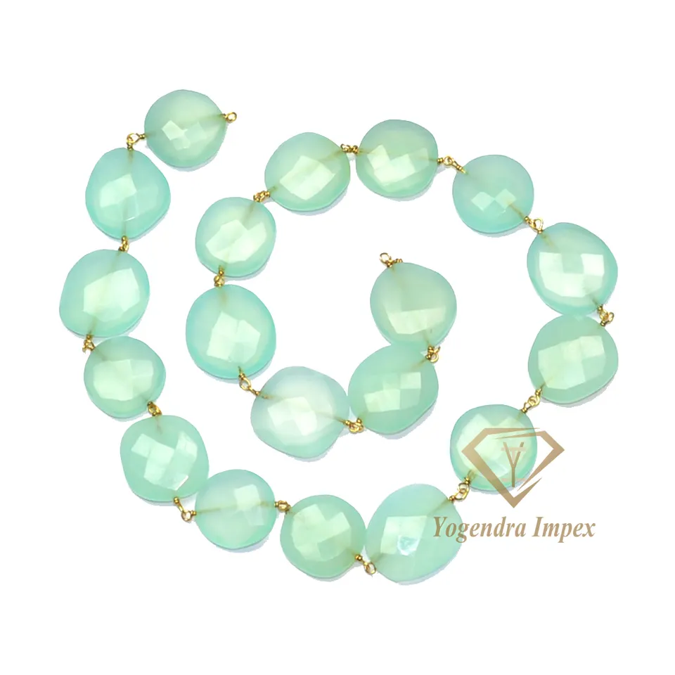 Vintage Natural Peru Chalcedony Gemstone Chain 925 Sterling Silver, Handmade Bezel Green Gemstone Chain Jewelry For Suppliers