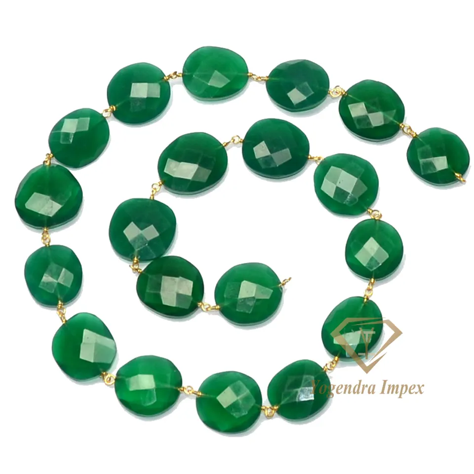 Irregular Green Onyx Gemstone 925 Sterling Silver Wire Wrap Chain, Handmade Green Gemstone Gold Plated Chain For Wholesaler