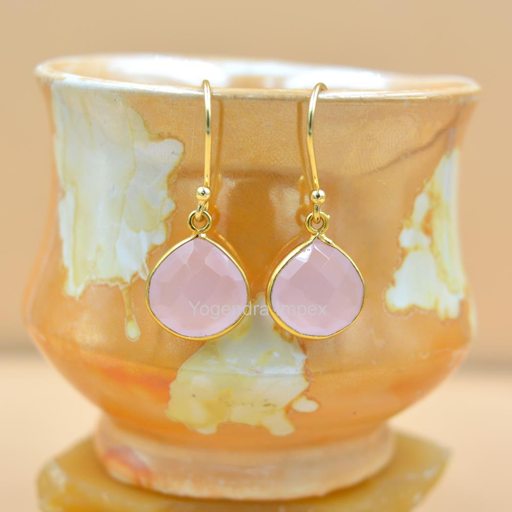 18k Gold Plated Natural Pink Quartz Gemstone Stud Earring Silver heart shape Earring Jewelry For Wholesale Suppliers