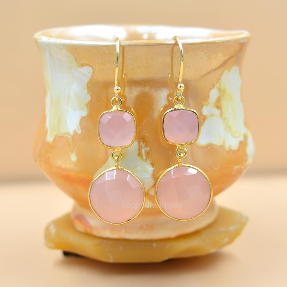 18k Gold Plated Natural Pink Quartz Gemstone Stud Earring Silver round shape Earring Jewelry For Wholesale Suppliers