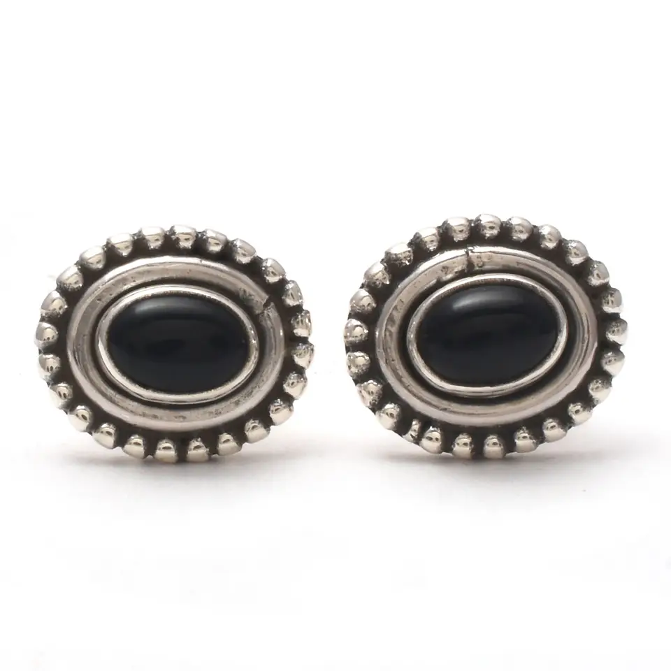Natural Black Onyx Gemstone 925 Sterling Silver Stud Earrings, Boho Silver Anniversary Earrings For Wholesale Suppliers