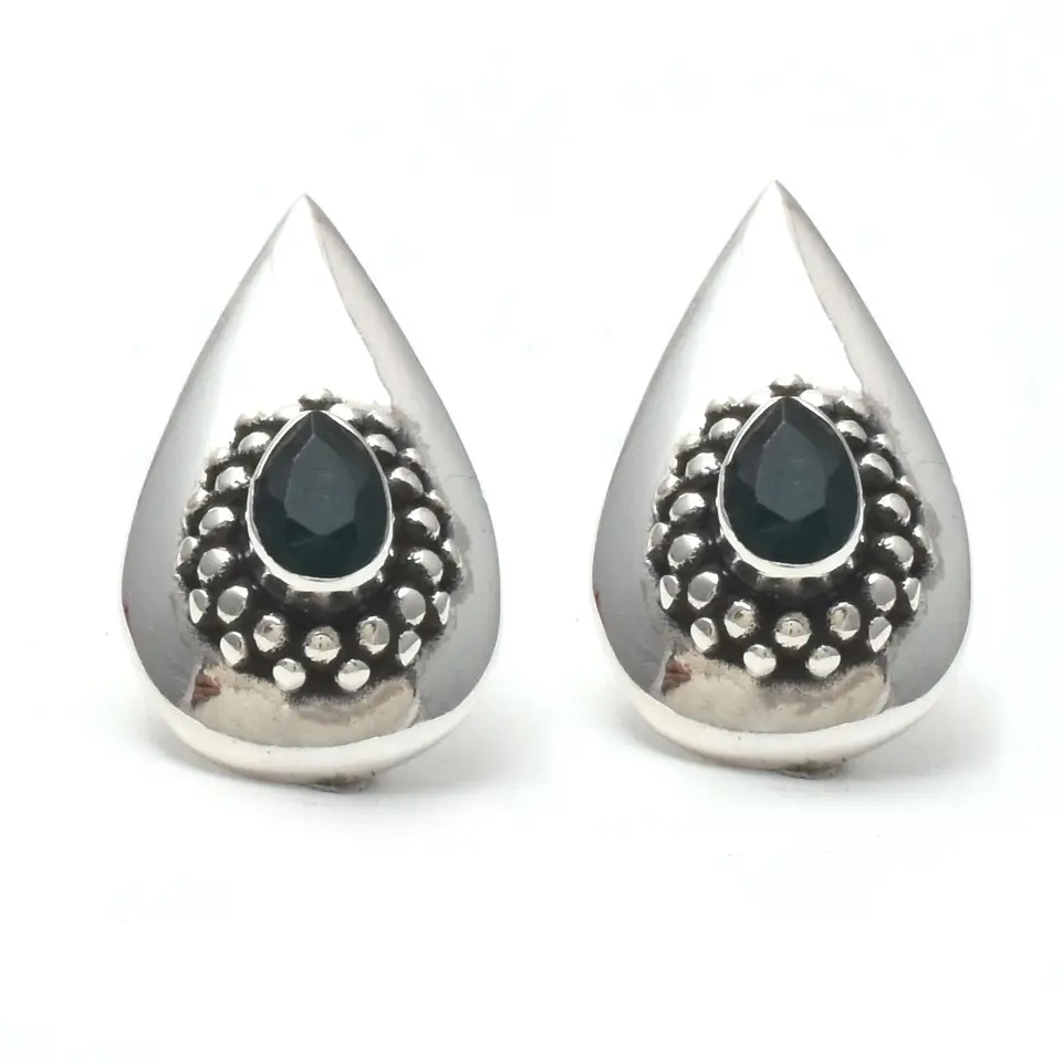 Top Quality Natural Emerald Gemstone Stud Earrings, Handmade Pear Shape Boho Sterling Silver Stud Earring Jewelry For Wholesaler