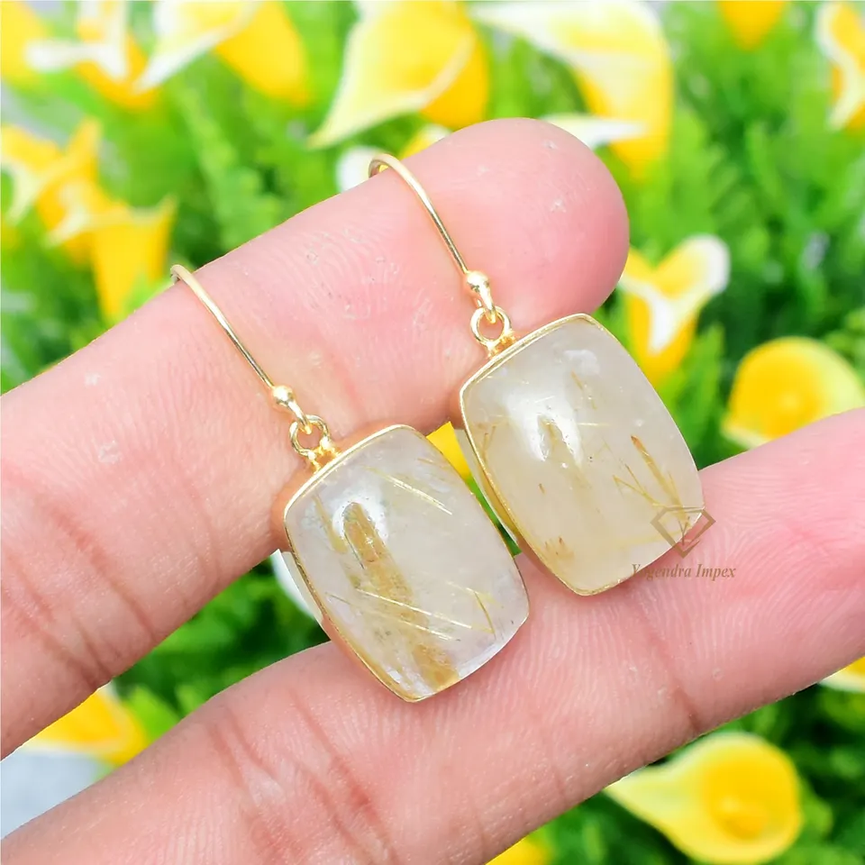 Elegant Golden Rutile Cushion Gemstone Dangle Earrings 925 Sterling Silver Earrings 18k Gold Plate For Wholesale Suppliers