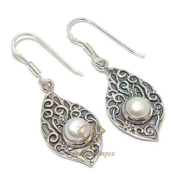 Handmade Pearl Gemstone 925 Solid Sterling Silver Jewelry Earrings Stone Pearl Dangle Silver Earrings