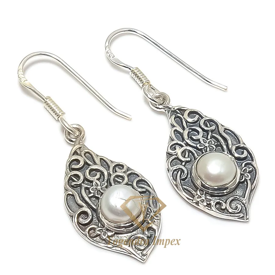 Handmade Pearl Gemstone 925 Solid Sterling Silver Jewelry Earrings Stone Pearl Dangle Silver Earrings