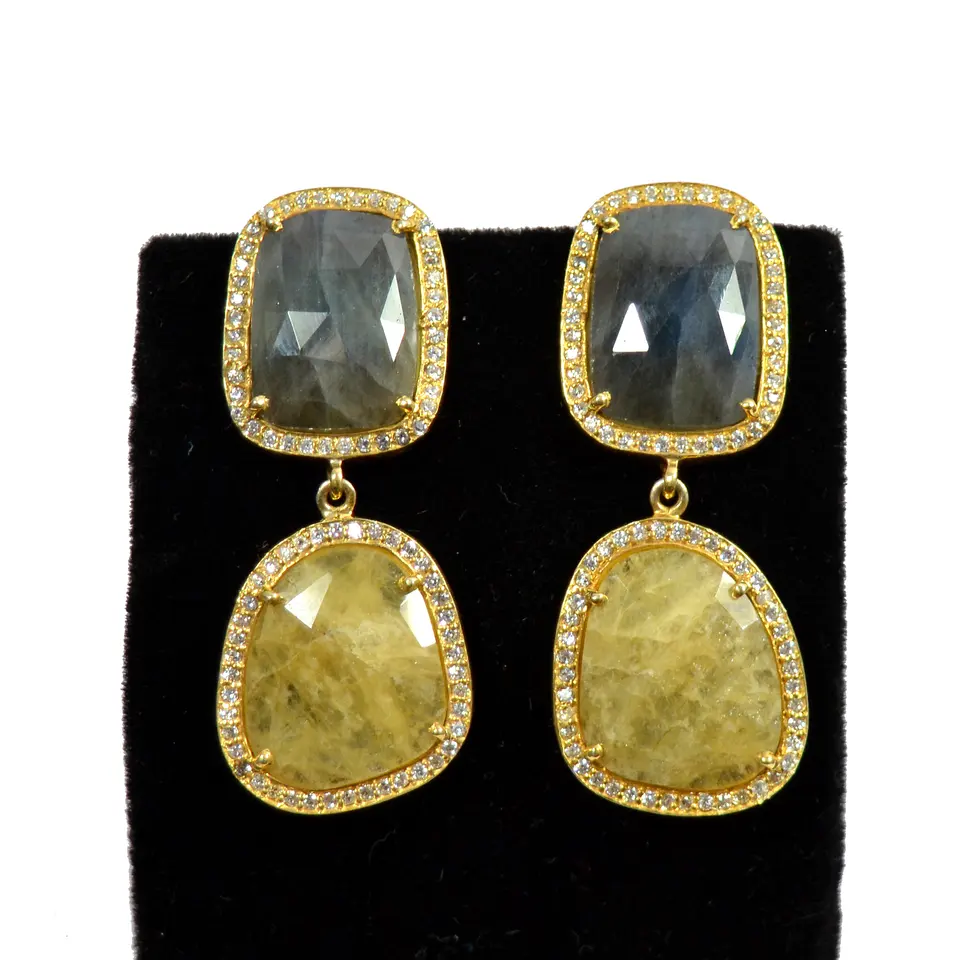 18k Gold Plated Multi Blue & Yellow Sapphire Gemstone Dangle & Drop Earring, Wholesale 925 Sterling Silver CZ Long Drop Earrings
