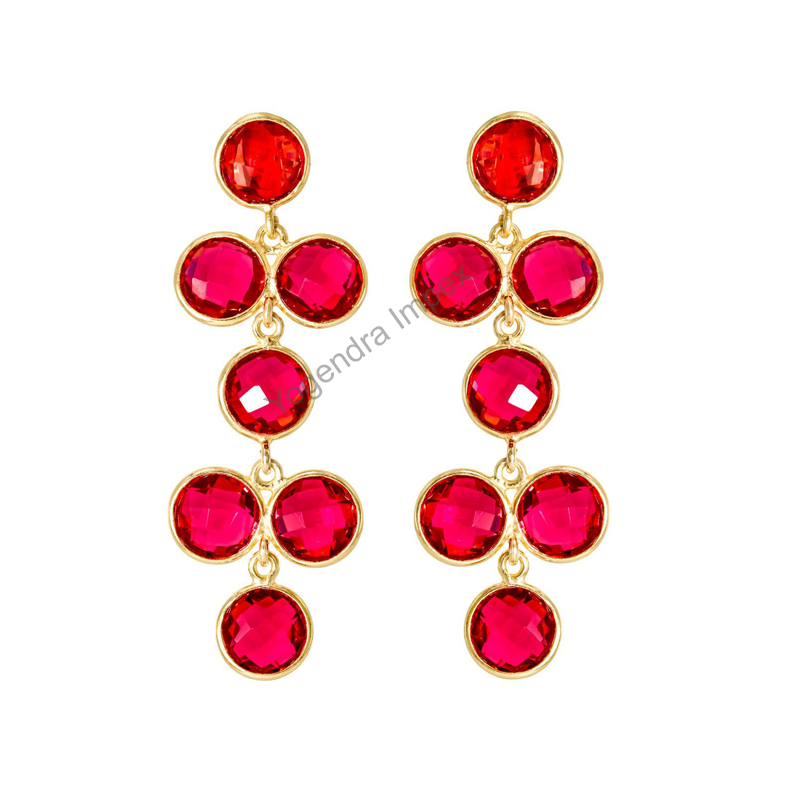 Gorgeous Round Ruby Light Hydro & Pink Quartz Gemstone Earrings, 925 Sterling Silver 18kGold Plated Bezel Earring For Wholesaler