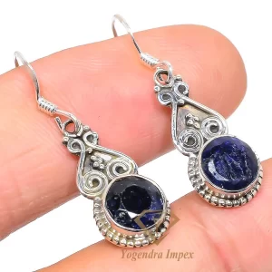 Cushion Shape Natural Blue Sapphire Gemstone Drop & Dangle Earring Sterling Silver, Round Silver For Suppliers & Manufacturer