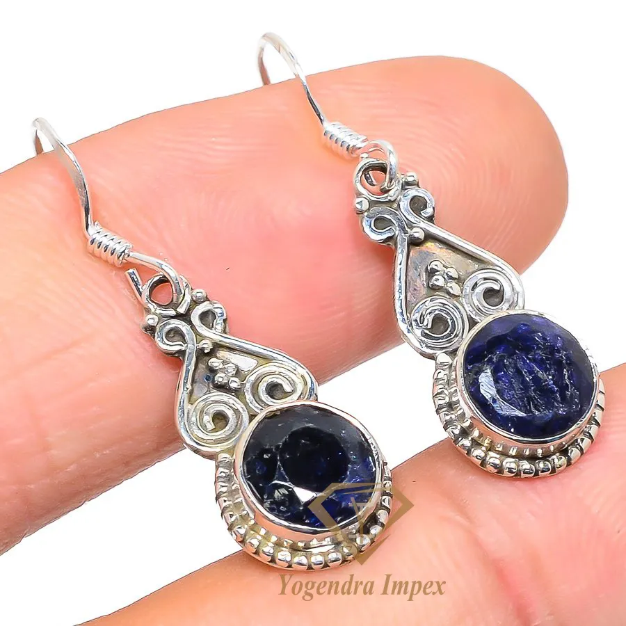 Cushion Shape Natural Blue Sapphire Gemstone Drop & Dangle Earring Sterling Silver, Round Silver For Suppliers & Manufacturer