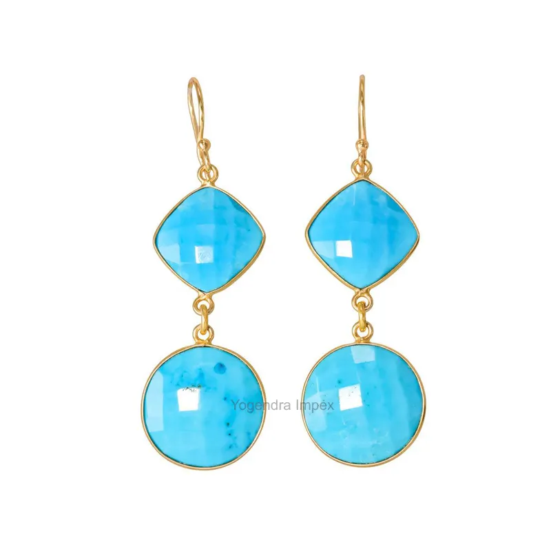 18k Gold Plated Natural Turquoise Gemstone Dangle & Drop Bezel Earrings, Gorgeous Blue Gemstone Handmade Earrings For Wholesaler
