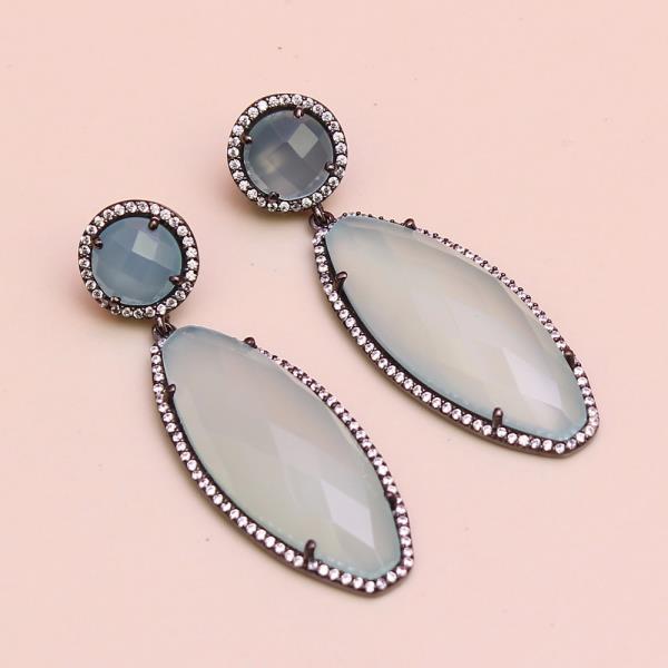 Natural Peru Chalcedony 925 Sterling Silver Earrings, Handmade Prong Set White Gemstone Drop & Dangle Earrings For Her