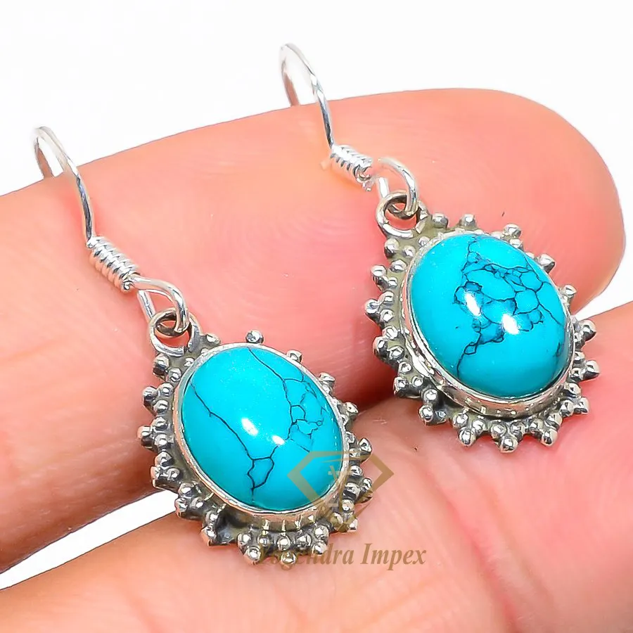 Handmade Turquoise Gemstone 925 Solid Sterling Silver Jewelry Earrings