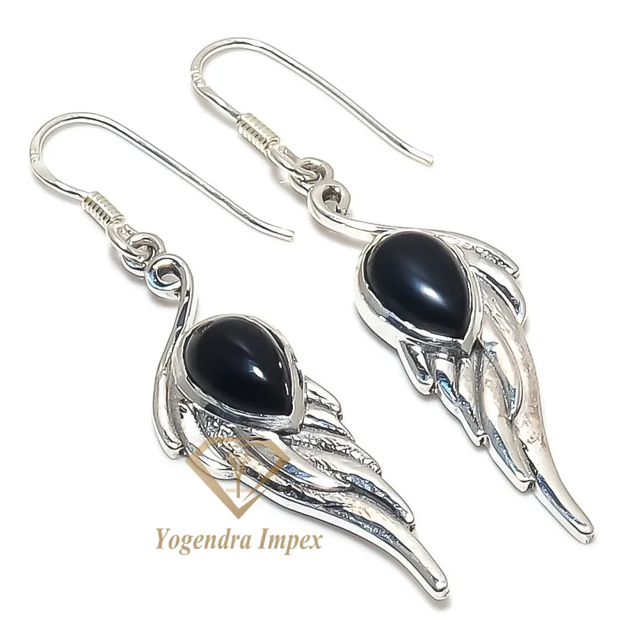 Natural Black Onyx Gemstone Handmade 925 Solid Sterling Silver Jewelry Earrings