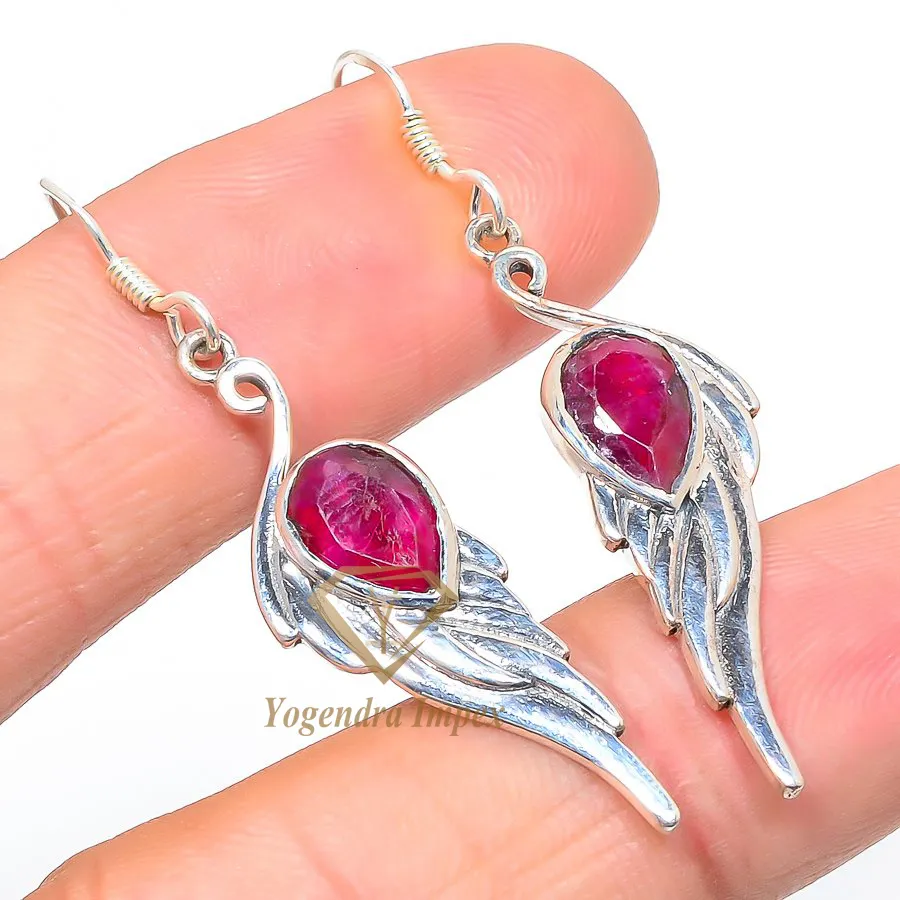 Natural Red Ruby Gemstone 925 Solid Sterling Silver Jewelry Earrings, Handmade Red Gemstone Ring For Wholesale Suppliers