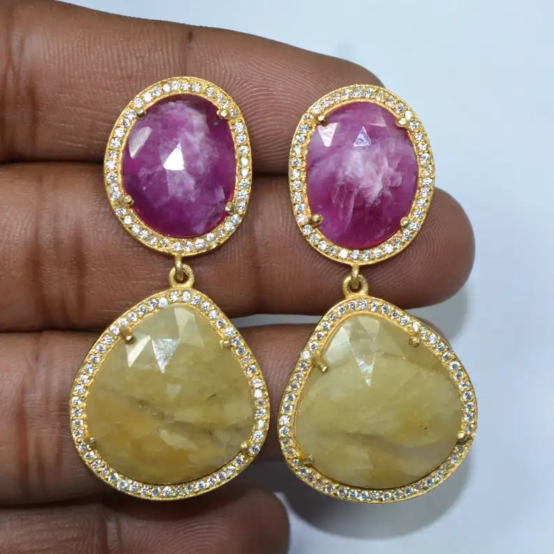 Gorgeous Pink And Yellow Sapphire Gemstone Drop & Dangle Earring, 925 Sterling Silver Statement Sapphire Earrings For Supplier