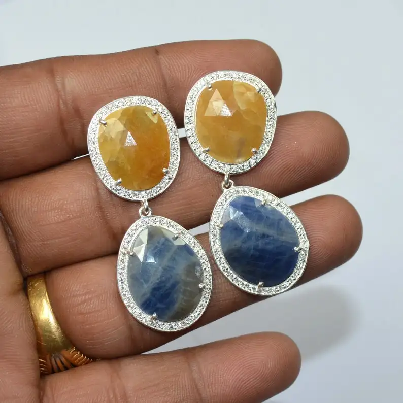 Cubic Zircon Yellow & Blue Sapphire Gemstone Earring 925 Sterling Silver Multi Sapphire Silver Earrings For Wholesale Supplier