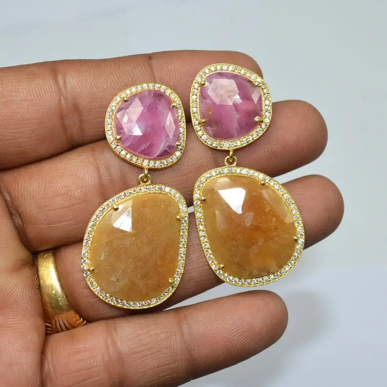 Natural Pink & Yellow Sapphire Gemstone Drop Earring 925 Sterling Silver Sapphire Multi Gemstone Earring For Wholesale Supplier
