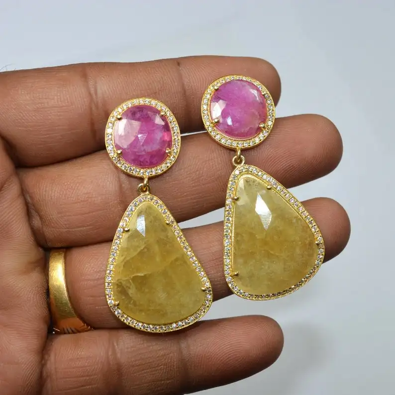Drop And Dangle Pink & Yellow Sapphire Multi Earrings Gold Plated 925 Sterling Silver Teardrop Earrings For Wholesale Suppliers