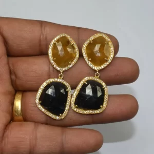 Natural Yellow & Blue Sapphire Gemstone Earrings 925 Sterling Silver Multi Color Gemstone Sapphire Earrings For Suppliers