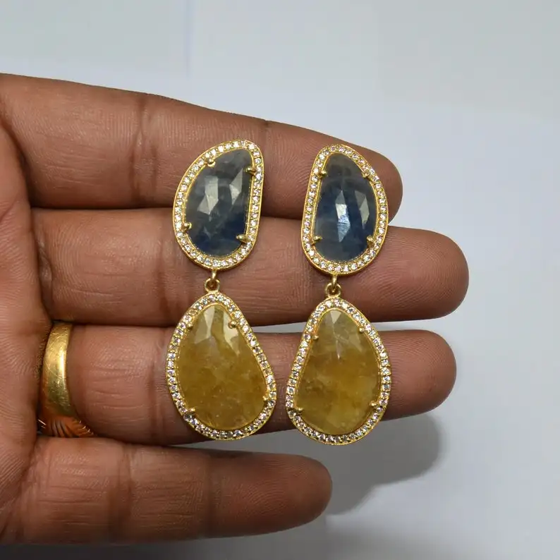 Natural Blue & Yellow Sapphire Gemstone Earrings 925 Sterling Silver Fancy Shape Cubic Zircon Earrings For Wholesale Suppliers