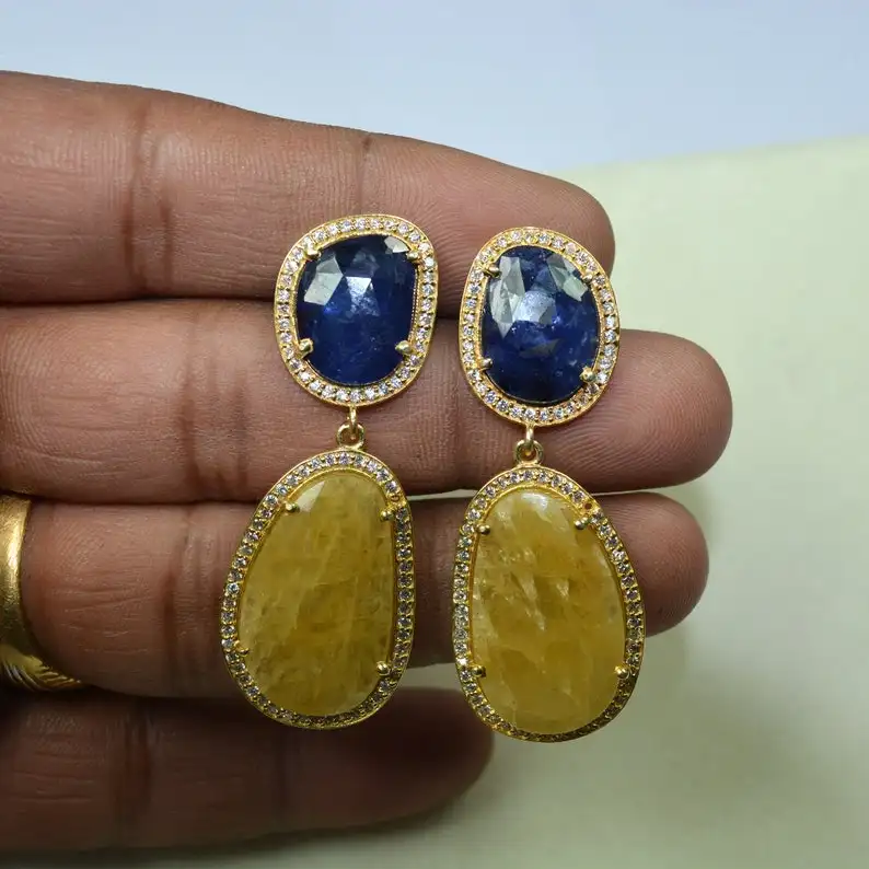 Fancy Shape Blue & Yellow Sapphire Gemstone Earrings, 925 Sterling Silver Multi Sapphire Stud Earrings For Wholesale Suppliers