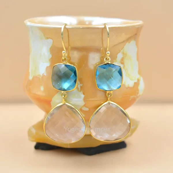 Natural Blue topaz crystal quartz Gemstone drop & dangle Earrings Handmade 925 Sterling Silver New Design Jewelry for Sale