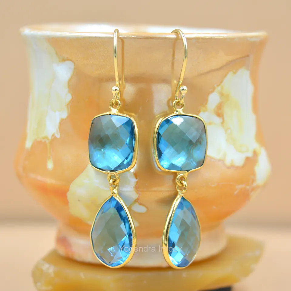 Natural Blue Quartz Natural Gemstone drop & dangle Earrings Handmade 925 Sterling Silver New Design Jewelry for Sale
