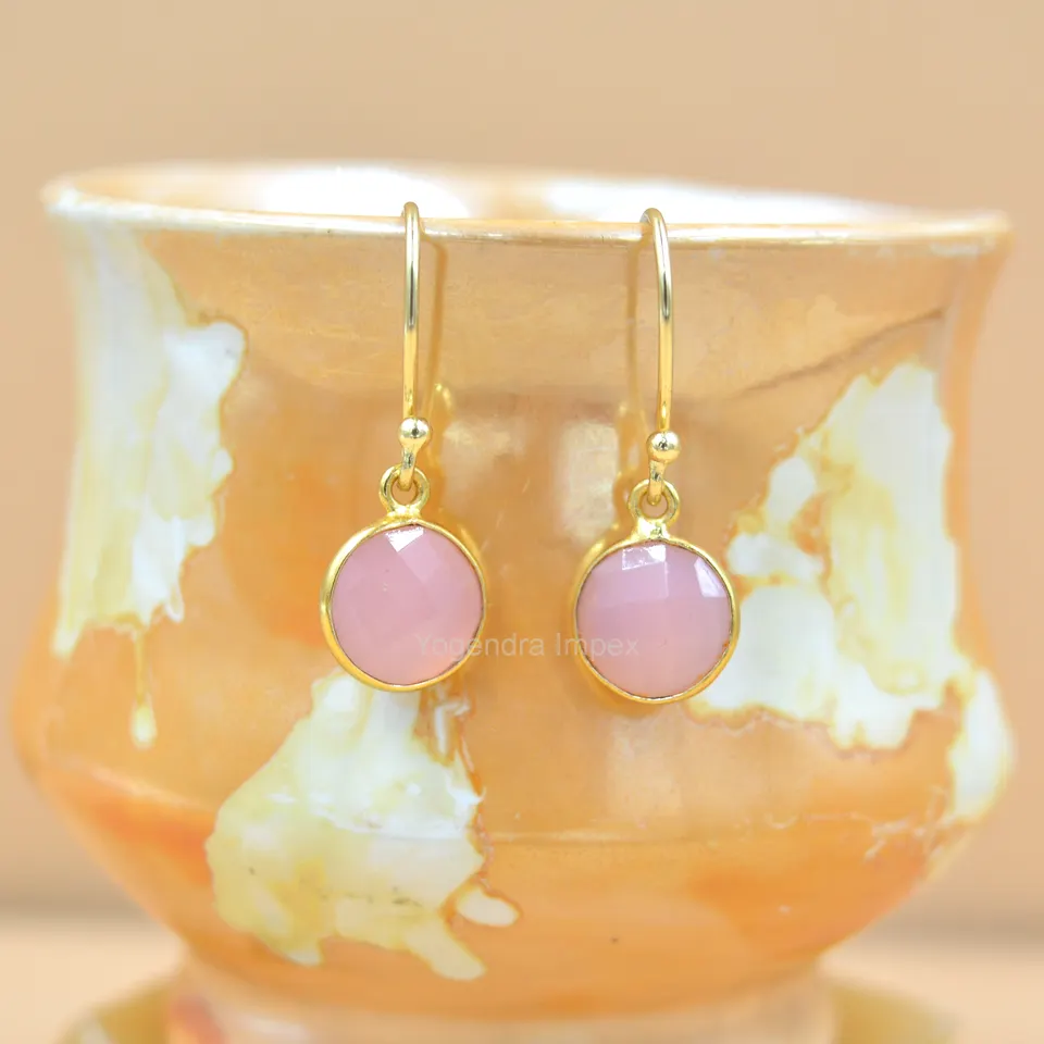 Fancy Natural Pink Chalcedony Gemstone 925 Sterling Silver Drop & Dangle Earrings Handmade Bezel Set For Suppliers