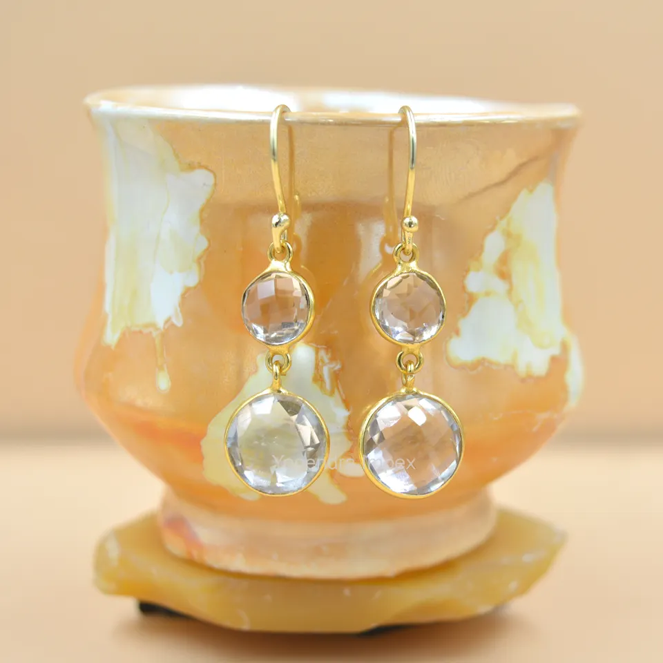 gold Plated Natural crystal Quartz Gemstone drop and dangle Earring Silver round shape Earring Jewelry For Wholesale Suppliers