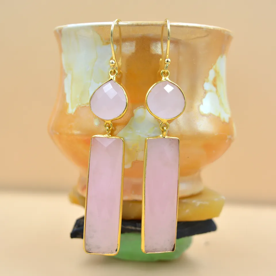 Pink Chalcedony rectangle shape 925 Sterling Silver Earring latest arrival fashionable look for girls and women