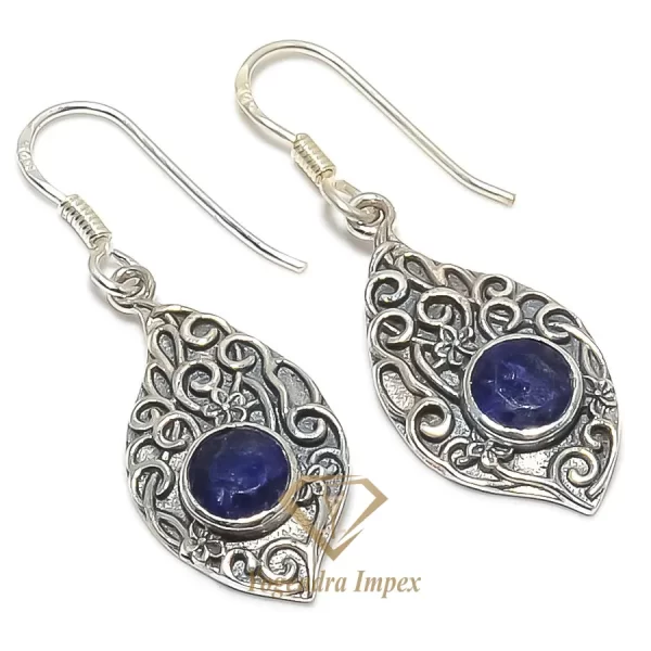 Round Shape Blue Sapphire Gemstone Handmade 925 Solid Sterling Silver Jewelry Earrings