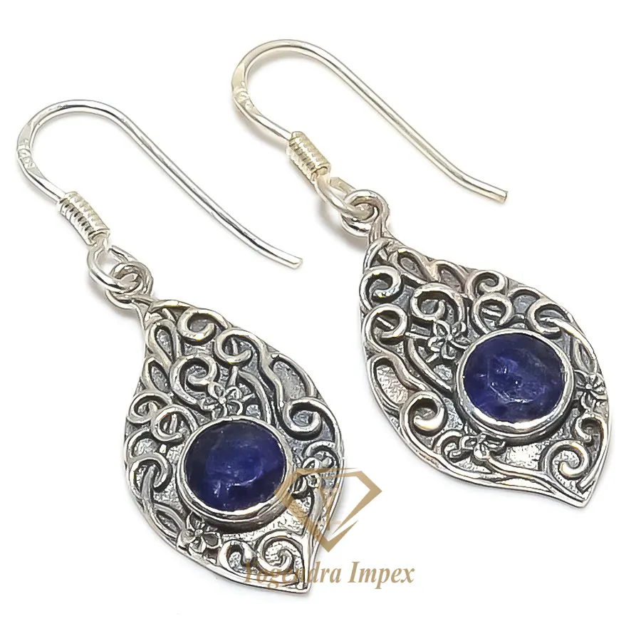Round Shape Blue Sapphire Gemstone Handmade 925 Solid Sterling Silver Jewelry Earrings