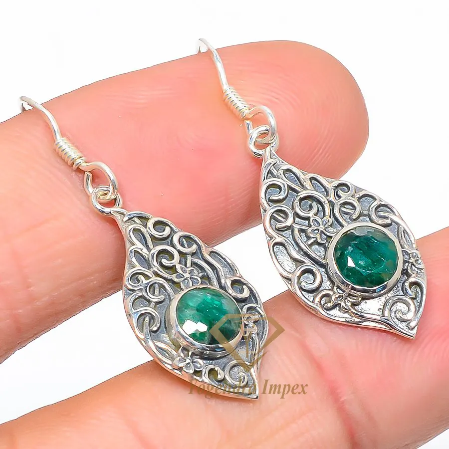 Gorgeous Green Emerald Gemstone 925 Solid Sterling Silver Drop & Dangle Jewelry Earrings