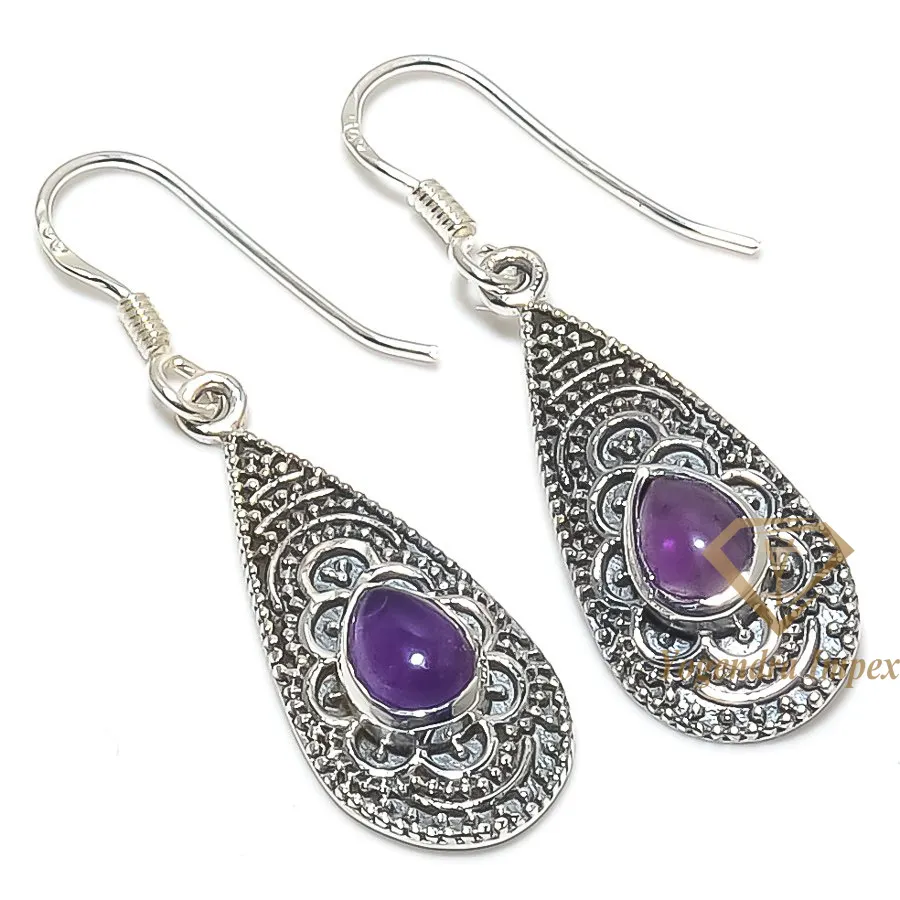 Natural Amethyst Gemstone 925 Solid Sterling Silver Earrings, Silver Handmade Drop Earrings For Wholesale Suppliers