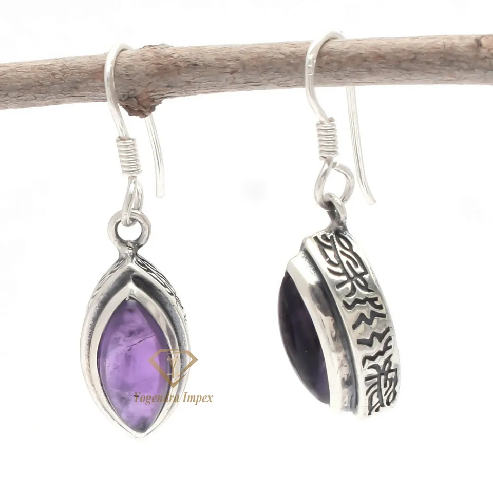 Marquise Shape Amethyst Gemstone Drop & Dangle Earrings 925 Sterling Silver, Wholesale Silver Oxidized Suppliers & Manufacturer