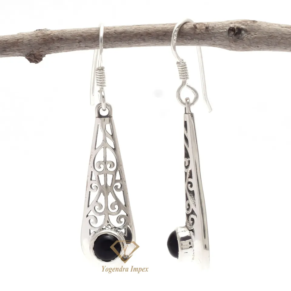 Genuine Round Natural Black Onyx Gemstone Dangle & Drop Earrings, Wholesale 925 Sterling Silver Hook Earrings Jewelry Supplies