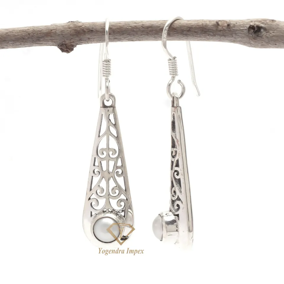 Natural Pearl Gemstone 925 Sterling Silver Drop Earrings, Wholesale Designer Hook Earrings For Suppliers & Manufacturer