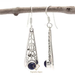Round Natural Lapis Lazuli Gemstone Drop & Dangle Earrings 925 Sterling Silver, Handmade Bezel Mothers Day Gift Earrings Women