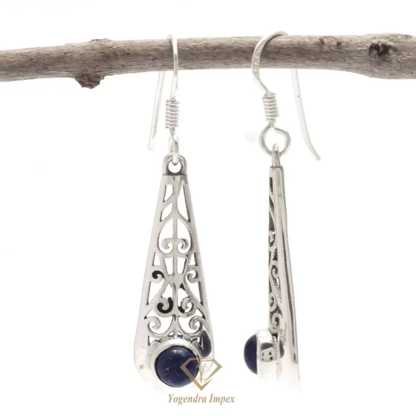 Round Natural Lapis Lazuli Gemstone Drop & Dangle Earrings 925 Sterling Silver, Handmade Bezel Mothers Day Gift Earrings Women