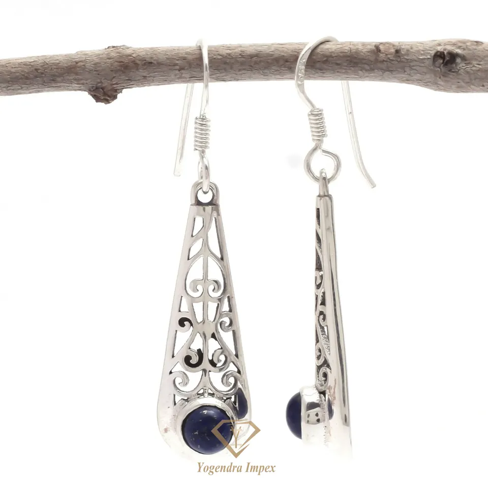 Round Natural Lapis Lazuli Gemstone Drop & Dangle Earrings 925 Sterling Silver, Handmade Bezel Mothers Day Gift Earrings Women