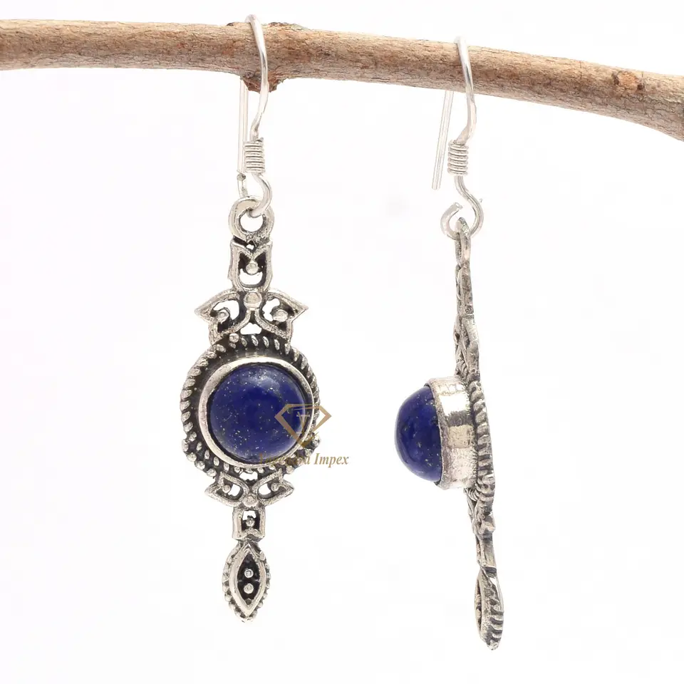 Elegent Natural Lapis Lazuli Gemstone With Round Shape Sterling Silver Earrings, Blue Gemstone Silver Earrings For Wholesaler