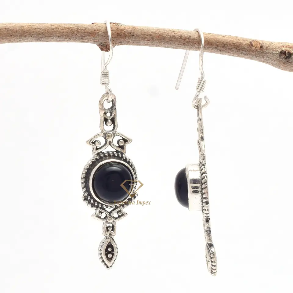 Natural Black Onyx Gemstone Hook Earrings 925 Sterling Silver, Handmade Black Worryless Gemstone Earrings Jewelry For Wholesaler